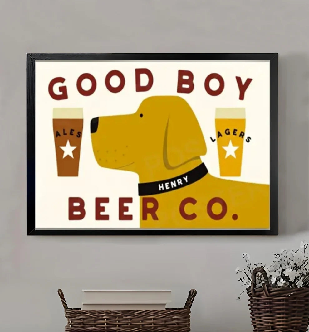 Golden Retriever Art Print Beer Art Yellow Lab Framed Wall Art –Neutral Decorative Print for Living Room or Office H003