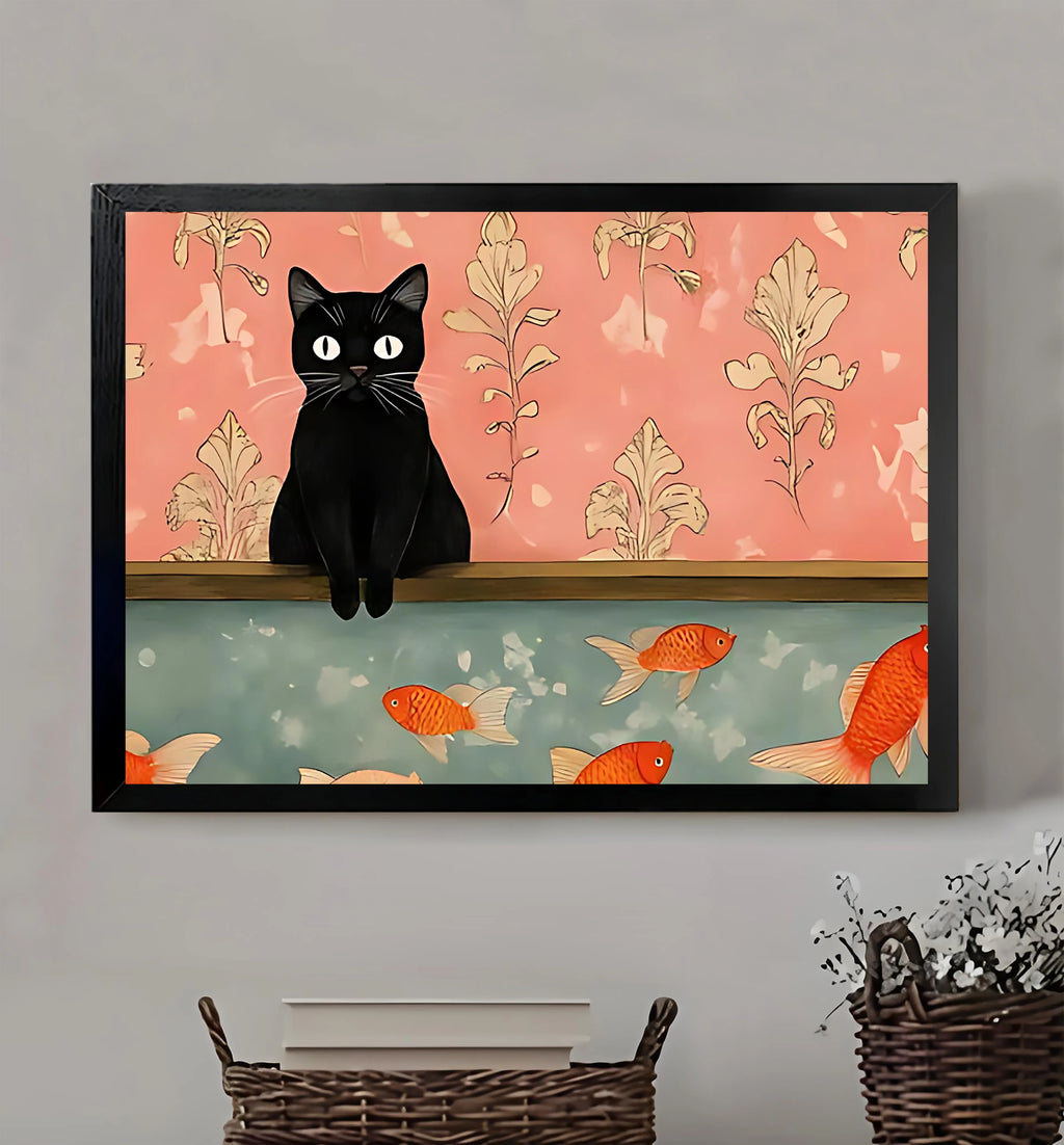 Cat catching fish Framed Wall Art – Adorable Cat Print for Living Room or Office H010