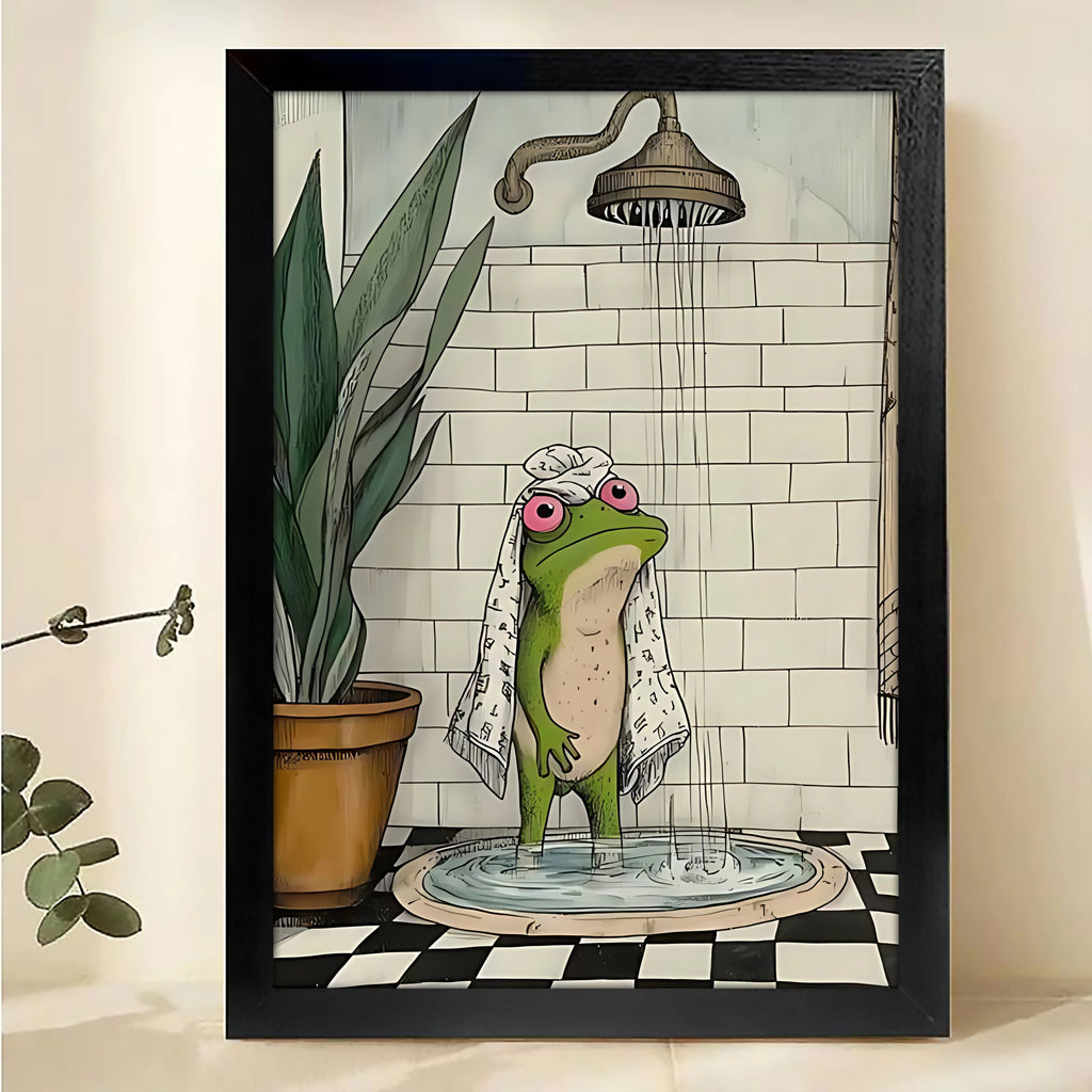 The frog taking a bath Framed Wall Art – Adorable  frog  Print for Living Room or Office H009