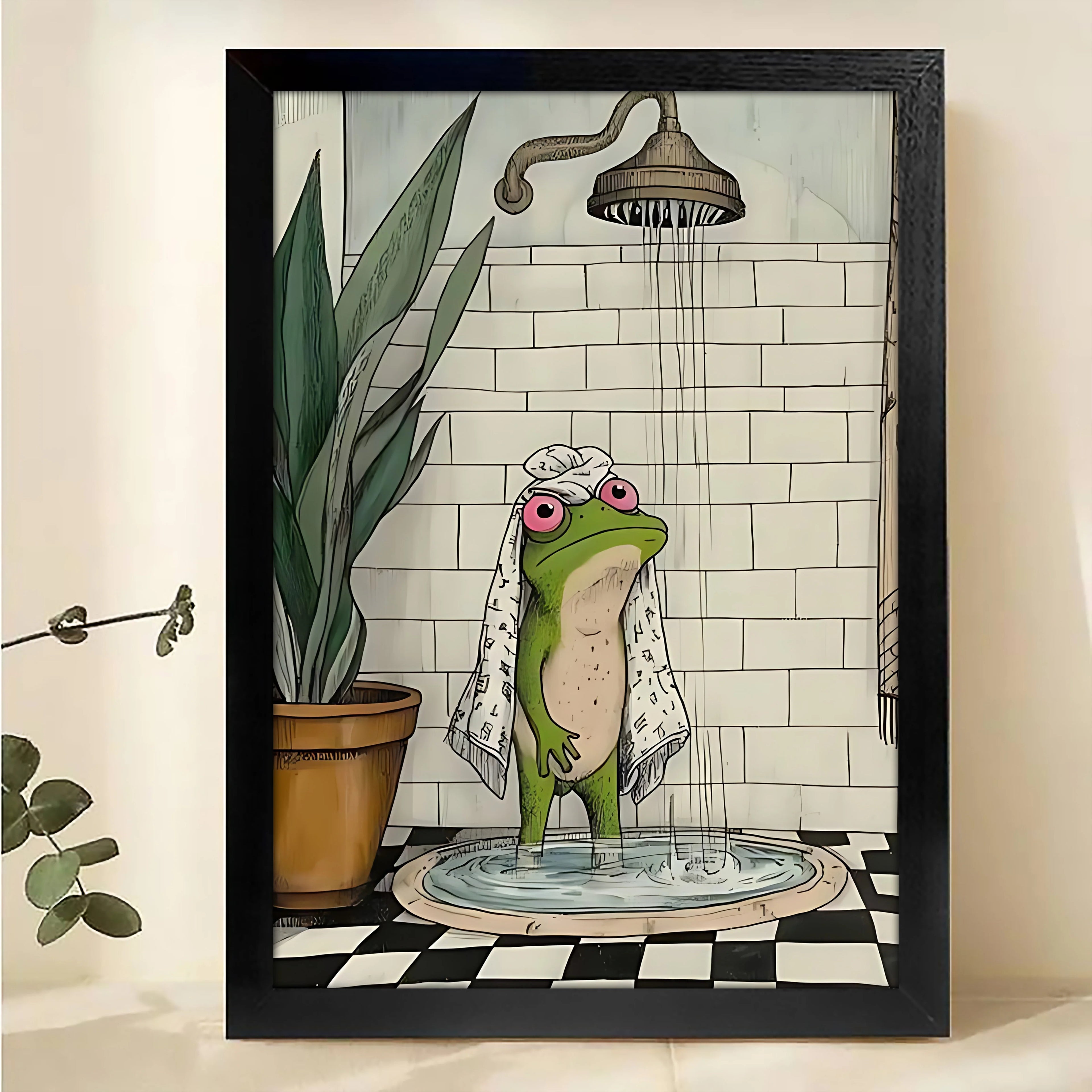 The frog taking a bath Framed Wall Art – Adorable  frog  Print for Living Room or Office H009