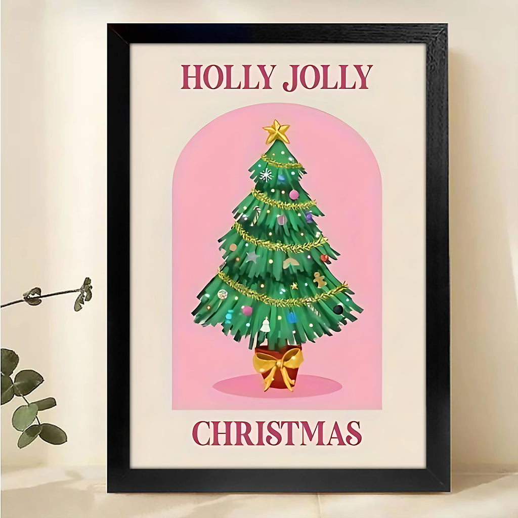 Pink Christmas Tree Festival Framed Wall Art – Traditional Christmas Print for Living Room or Office H008
