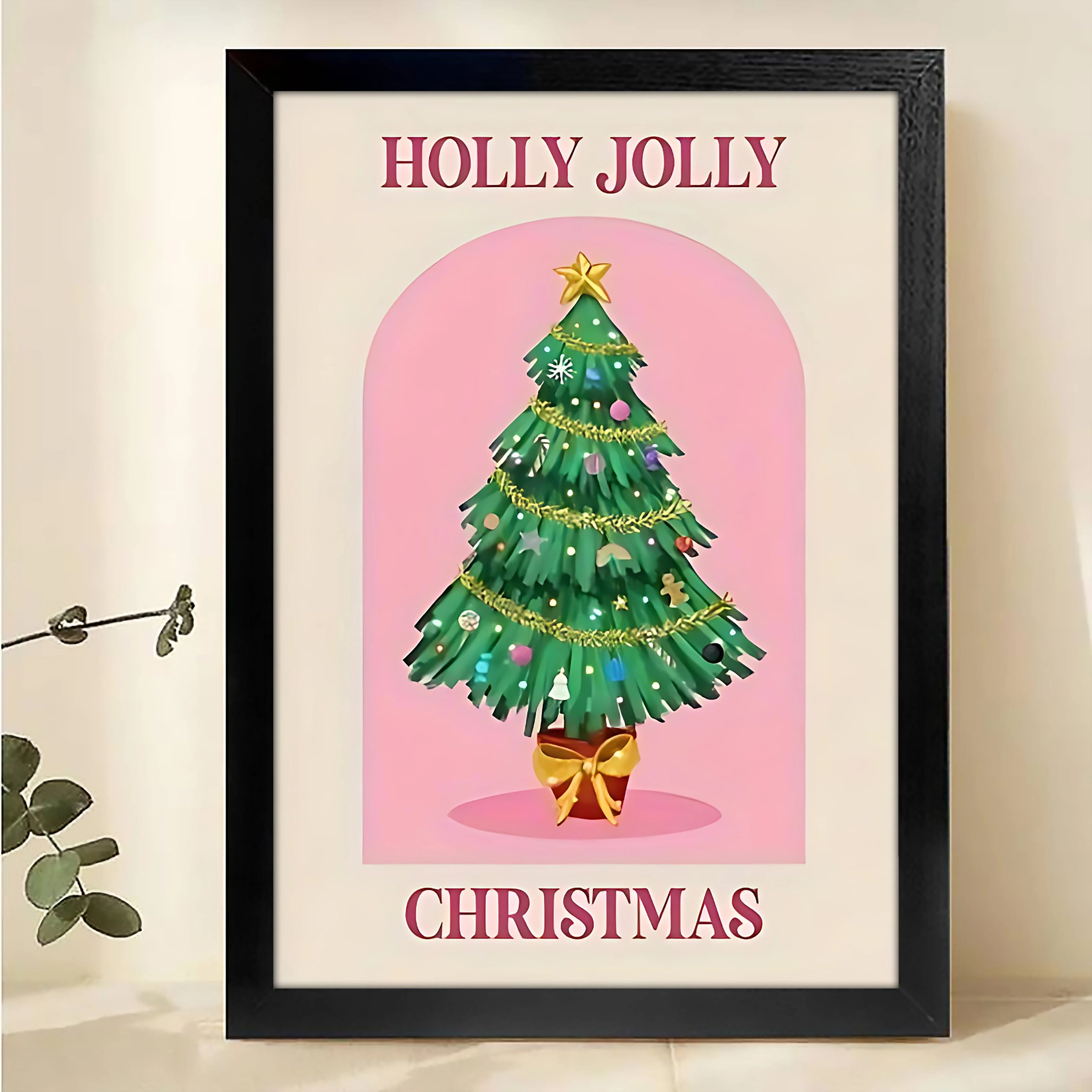 Pink Christmas Tree Festival Framed Wall Art – Traditional Christmas Print for Living Room or Office H008
