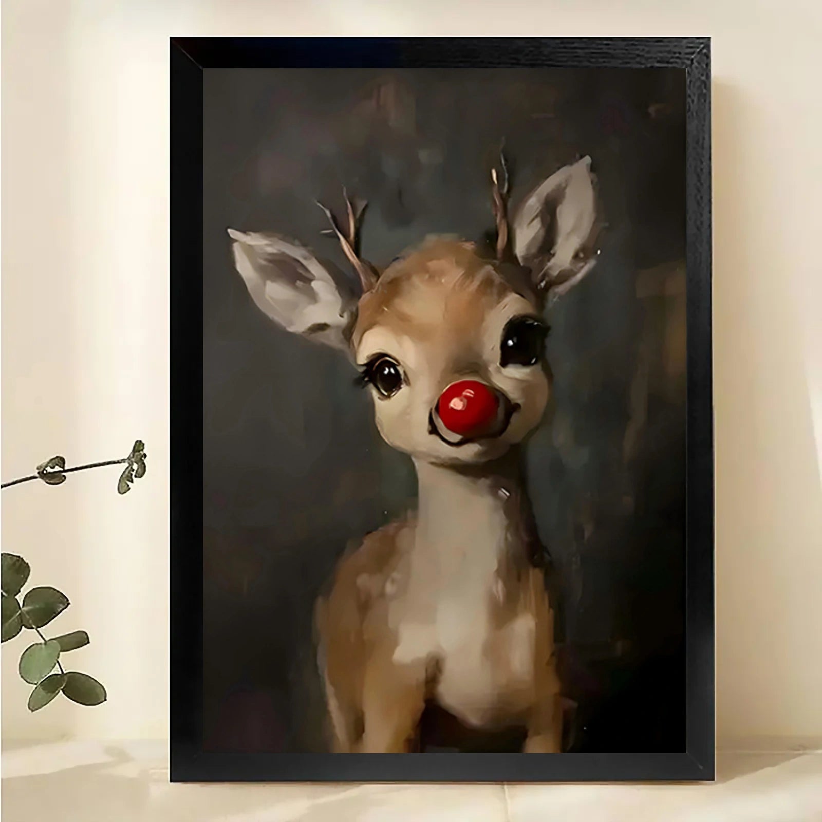Whimsical Deer with Red Nose Christmas Festival Framed Wall Art – Traditional Christmas Print for Living Room or Office H019