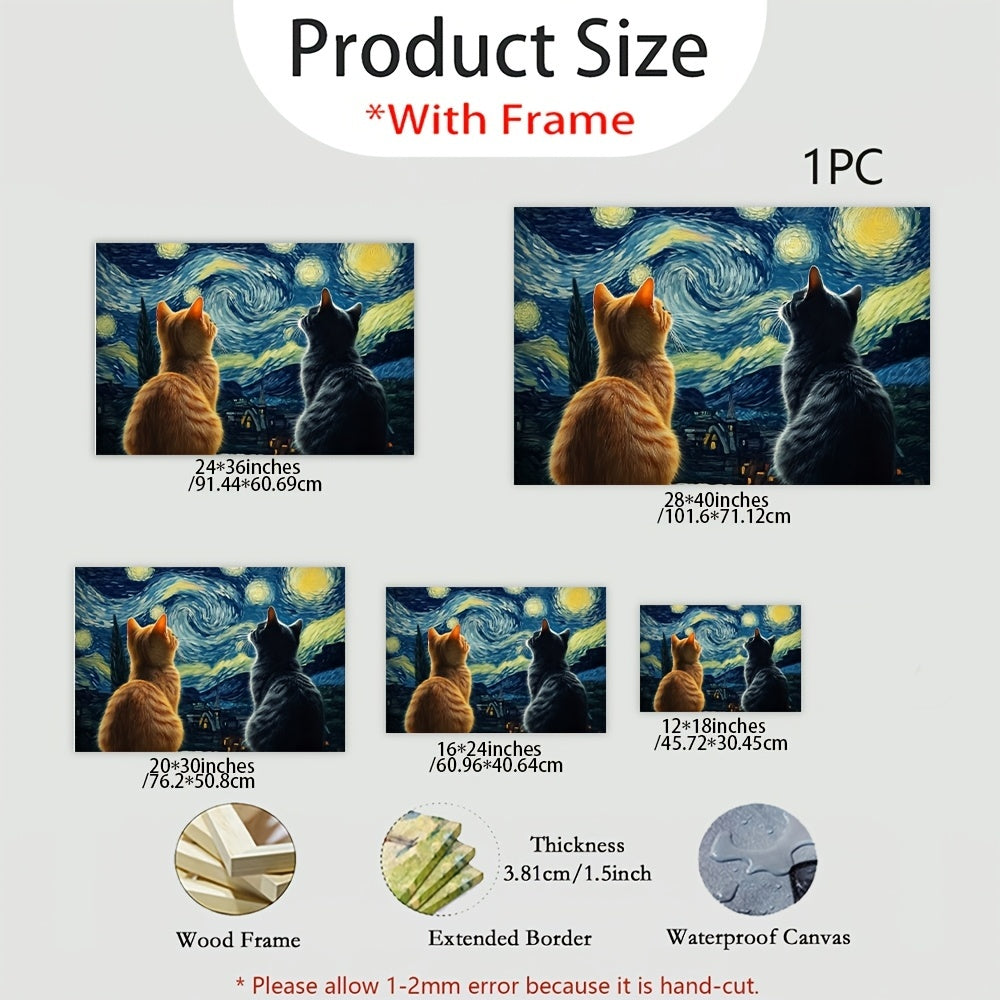 Van Gogh-Inspired Cats Under Starry Night Framed Wall Art – Adorable Cat Print for Living Room or Office H017