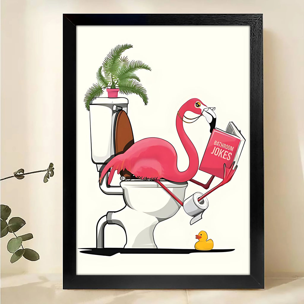 Pink Flamingos going to the Toilet Framed Wall Art – Funny Flamingos Print for Living Room or Office  H006