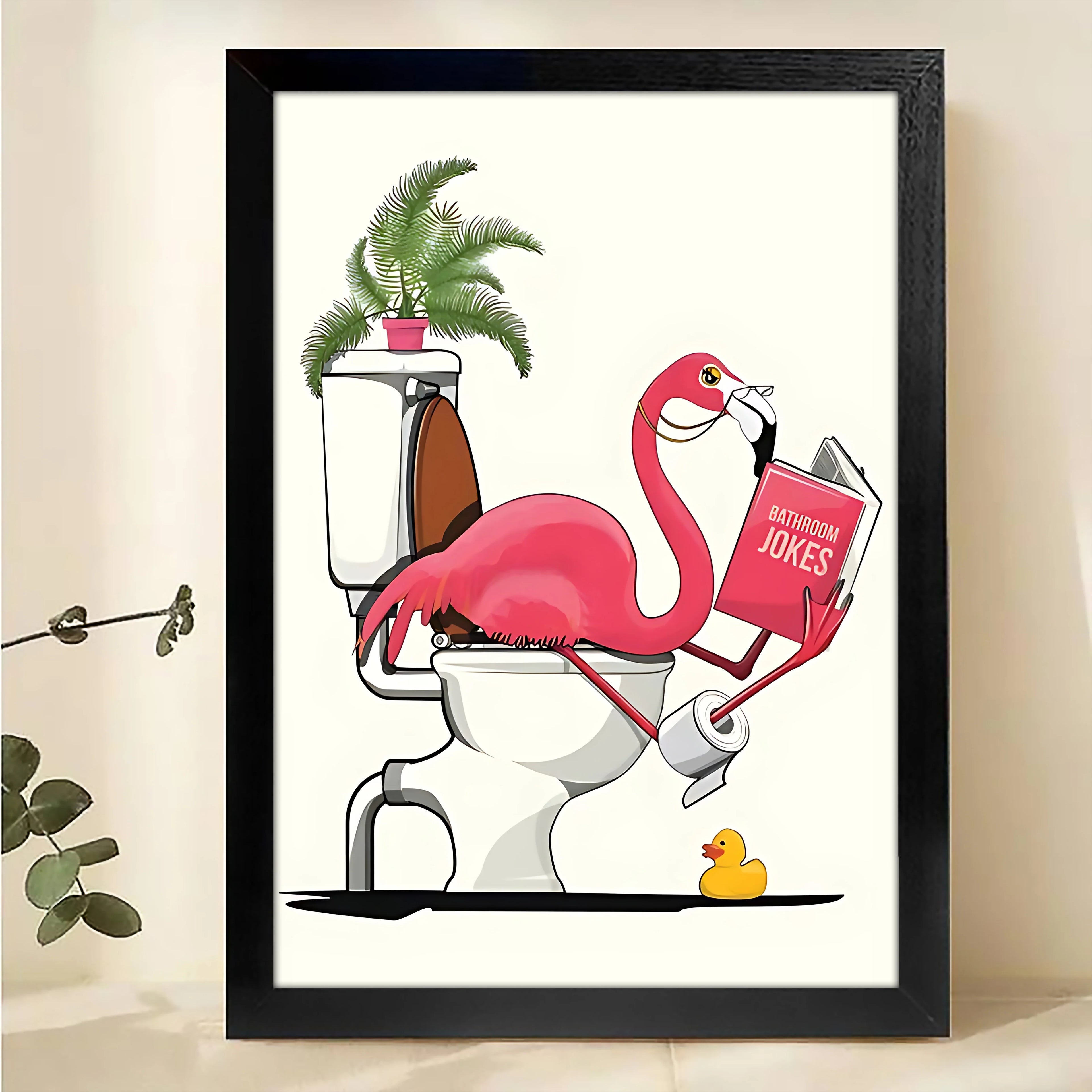 Pink Flamingos going to the Toilet Framed Wall Art – Funny Flamingos Print for Living Room or Office  H006