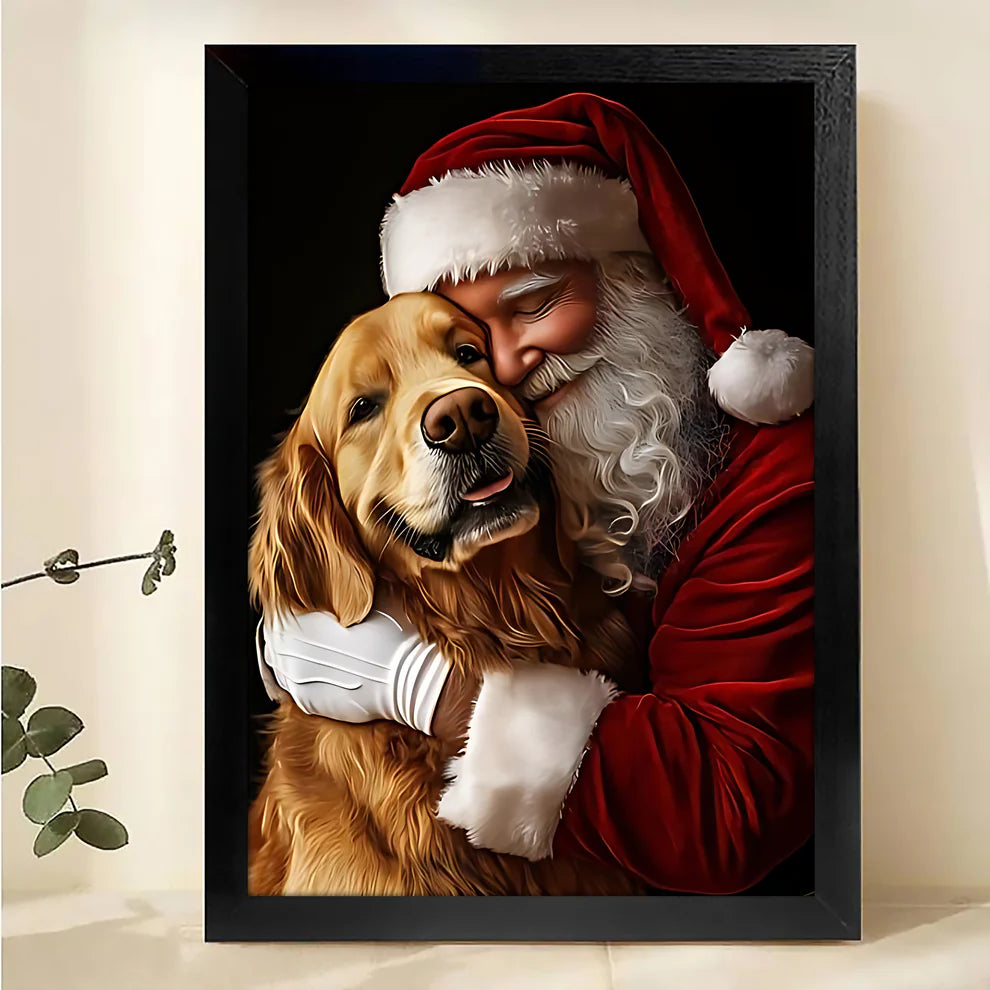Christmas Santa Claus with Dog Festival Framed Wall Art – Traditional Christmas Print for Living Room or Office H007