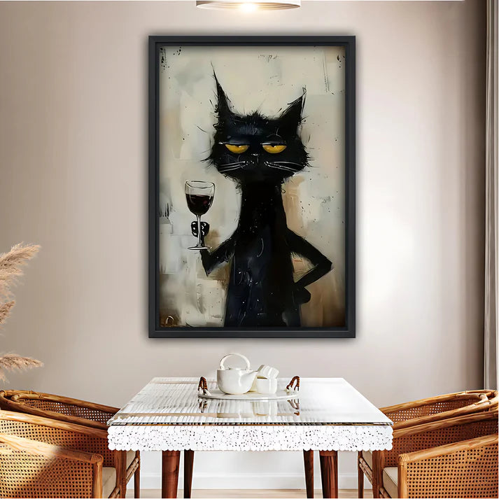 Arrogant Black Cat with Wine Glass Framed Wall Art – Adorable Cat Print for Living Room or Office H013