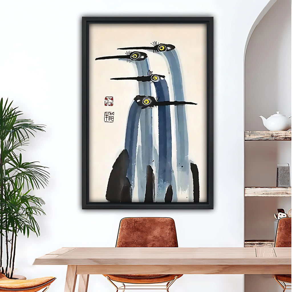 Chinese painting of cranes Framed Wall Art –Neutral Decorative Print for Living Room or Office H005