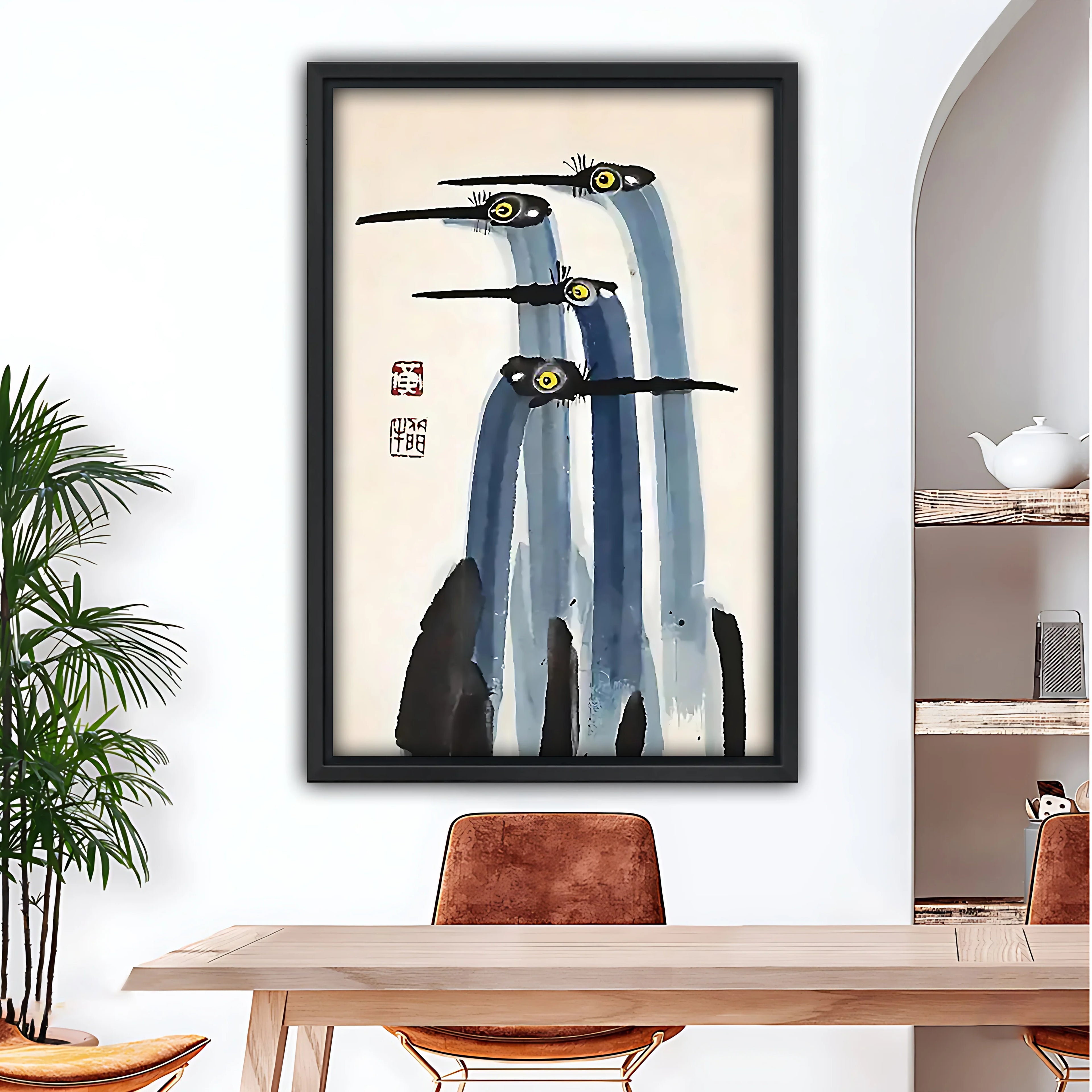 Chinese painting of cranes Framed Wall Art –Neutral Decorative Print for Living Room or Office H005