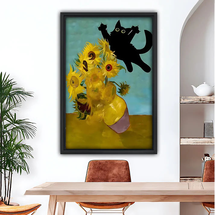Vibrant Sunflowers & Playful Black Cat Framed Wall Art – Adorable Cat Print for Living Room or Office H012