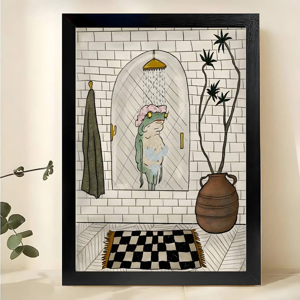 Funny Bathing Frog Framed Wall Art –Neutral Decorative Print for Living Room or Office H004