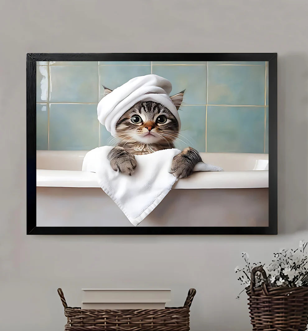 Cute Cat Wearing a Bath Towel Framed Wall Art –Neutral Decorative Print for Living Room or Office H002